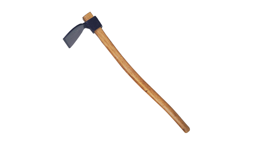 Warwood Tool Forest Adze Hoe with the full forged head and hickory handle visible