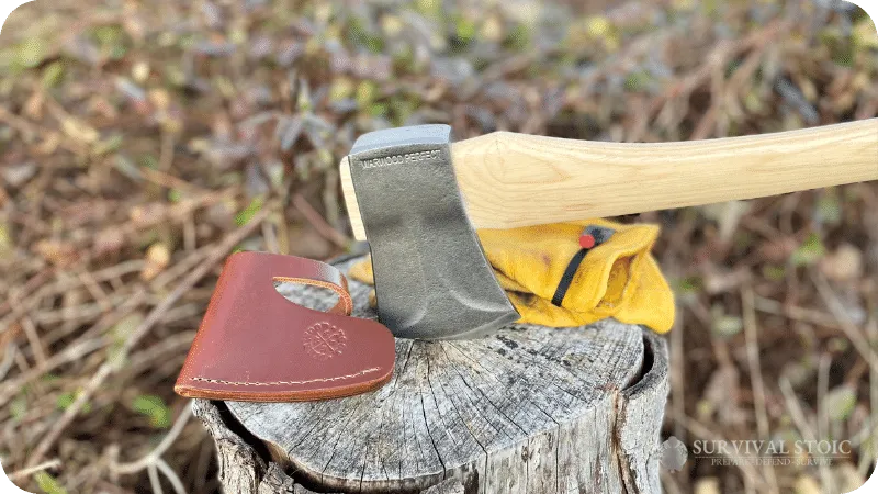 Warwood Tool's Perfect Axe, lodged in a stump. Taken by survivalstoic.com